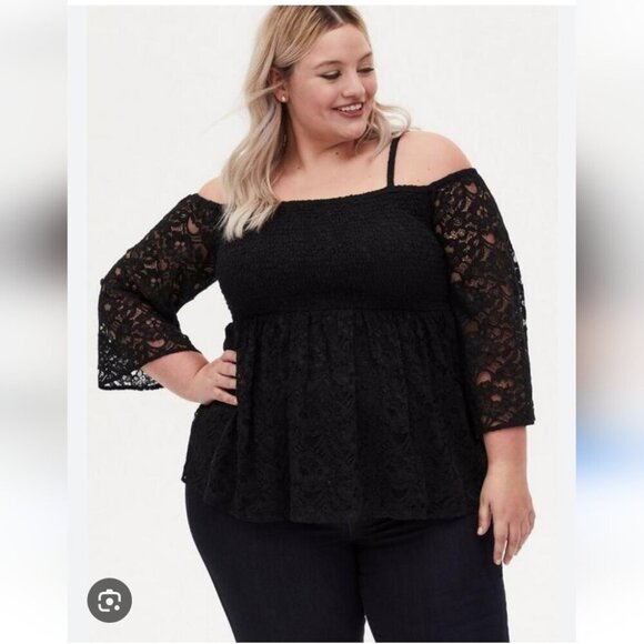 torrid Tops - TORRID | Torrid Babydoll Lace Smocked Cold Shoulder Top blouse black sz 1X
